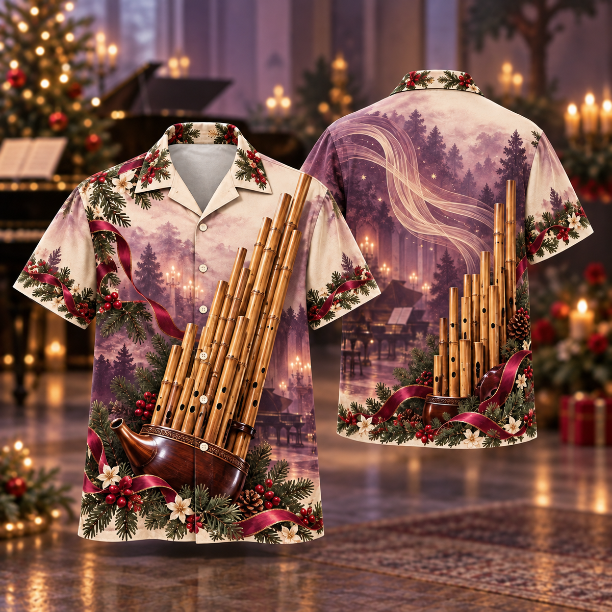 Digital mockup: front and back of one AlohaVero Christmas Sheng Bamboo Ivory Mauve No Pocket Hawaiian shirt