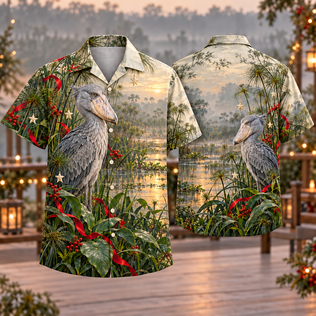 Digital mockup: front and back of one AlohaVero Christmas Shoebill Misty Papyrus Wetland No Pocket Hawaiian shirt