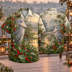 Digital mockup: front and back of one AlohaVero Christmas Shoebill Misty Papyrus Wetland No Pocket Hawaiian shirt
