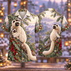 Digital mockup: front and back of one AlohaVero Christmas Sifaka Cream Lilac Canopy No Pocket Hawaiian shirt
