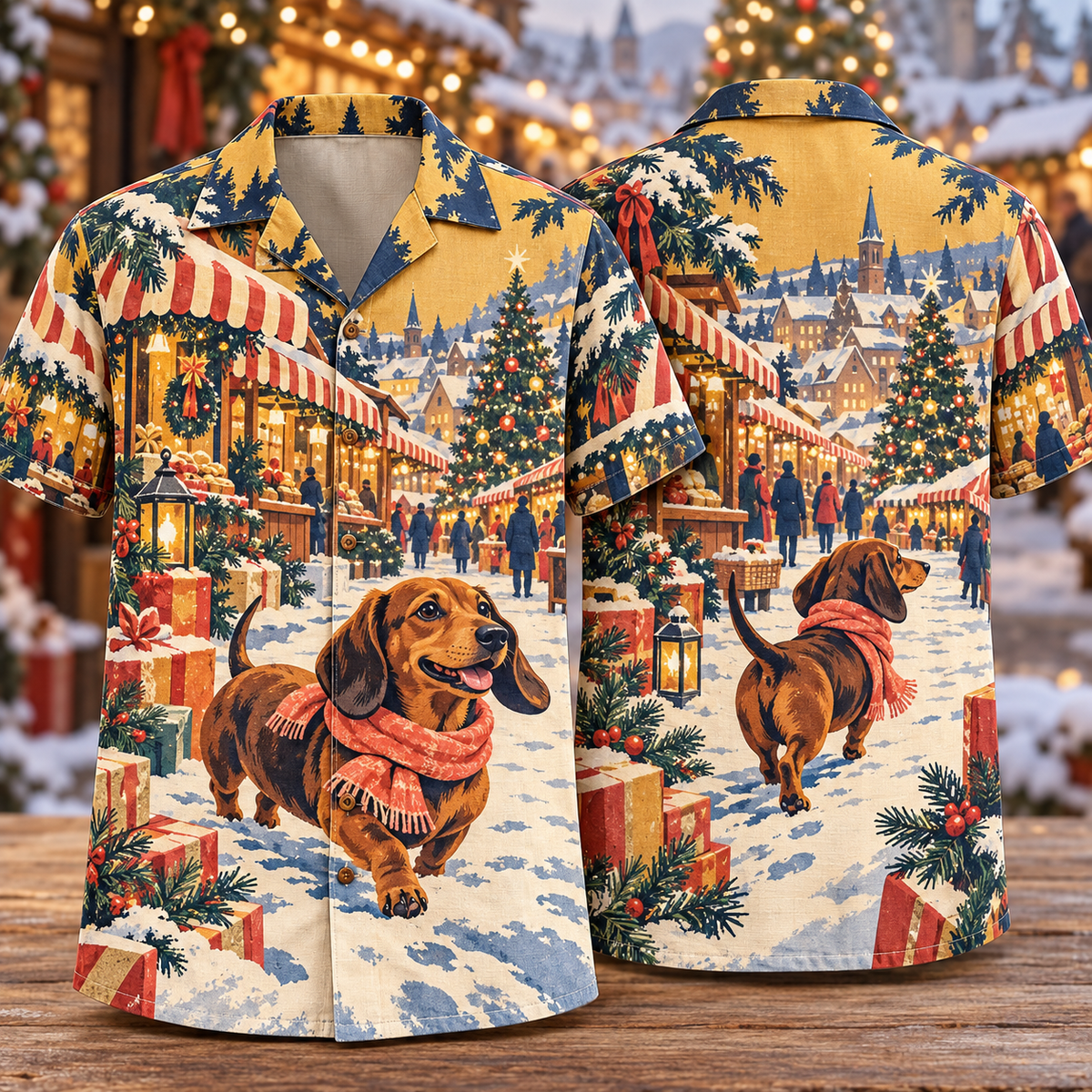 Digital mockup: front and back of one AlohaVero Christmas Silkscreen Dachshund Snowy Market Mustard Navy Coral No Pocket Hawaiian shirt