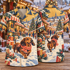 Digital mockup: front and back of one AlohaVero Christmas Silkscreen Dachshund Snowy Market Mustard Navy Coral No Pocket Hawaiian shirt