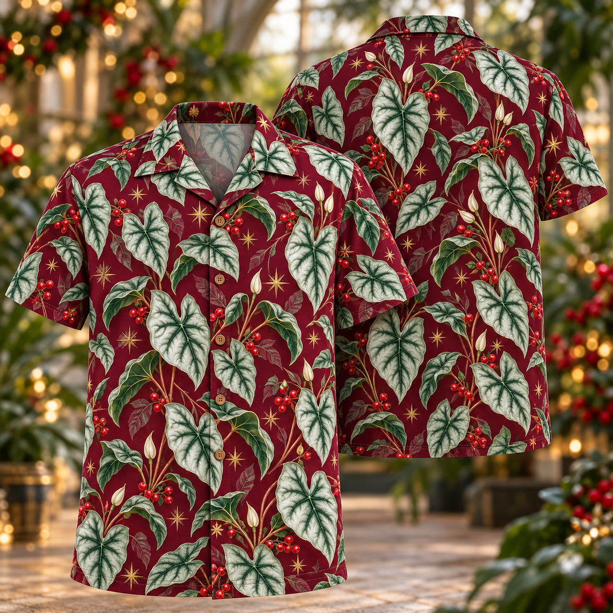 Digital mockup: front and back of one AlohaVero Christmas Silver Alocasia Wine Aloha No Pocket Hawaiian shirt