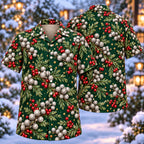 Digital mockup: front and back of one AlohaVero Christmas Silver Brunia Forest Aloha No Pocket Hawaiian shirt