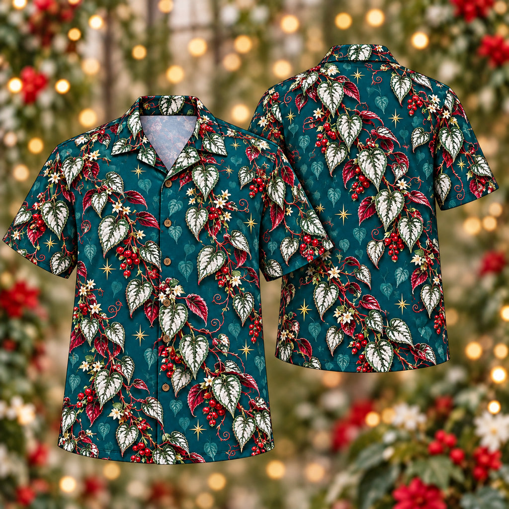 Digital mockup: front and back of one AlohaVero Christmas Silver Cissus Peacock Aloha No Pocket Hawaiian shirt