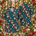 Digital mockup: front and back of one AlohaVero Christmas Silver Cissus Peacock Aloha No Pocket Hawaiian shirt