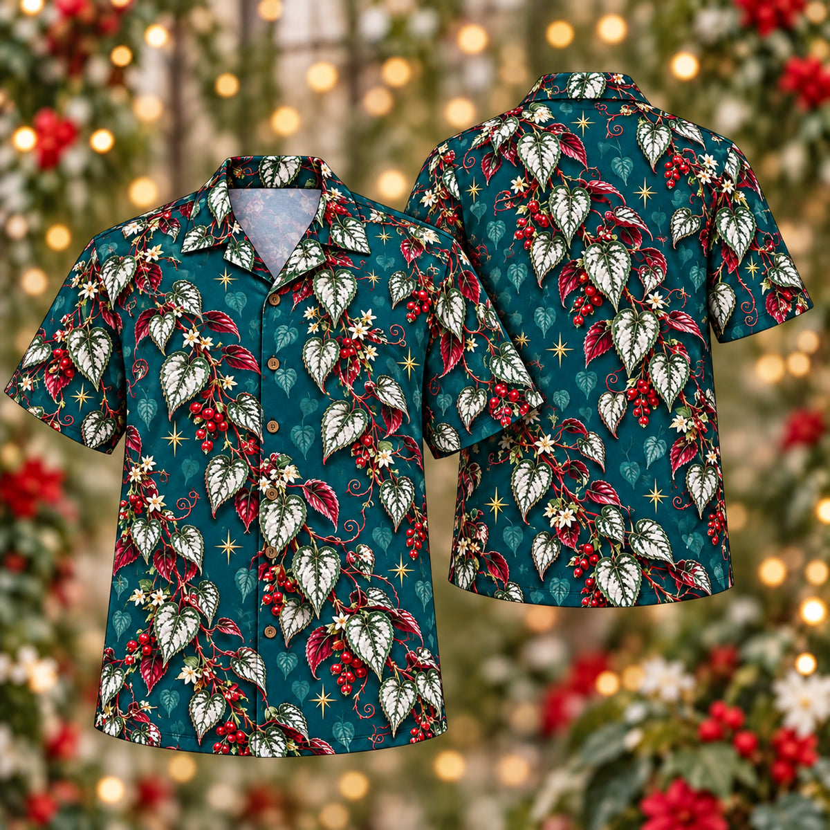 Digital mockup: front and back of one AlohaVero Christmas Silver Cissus Peacock Aloha No Pocket Hawaiian shirt