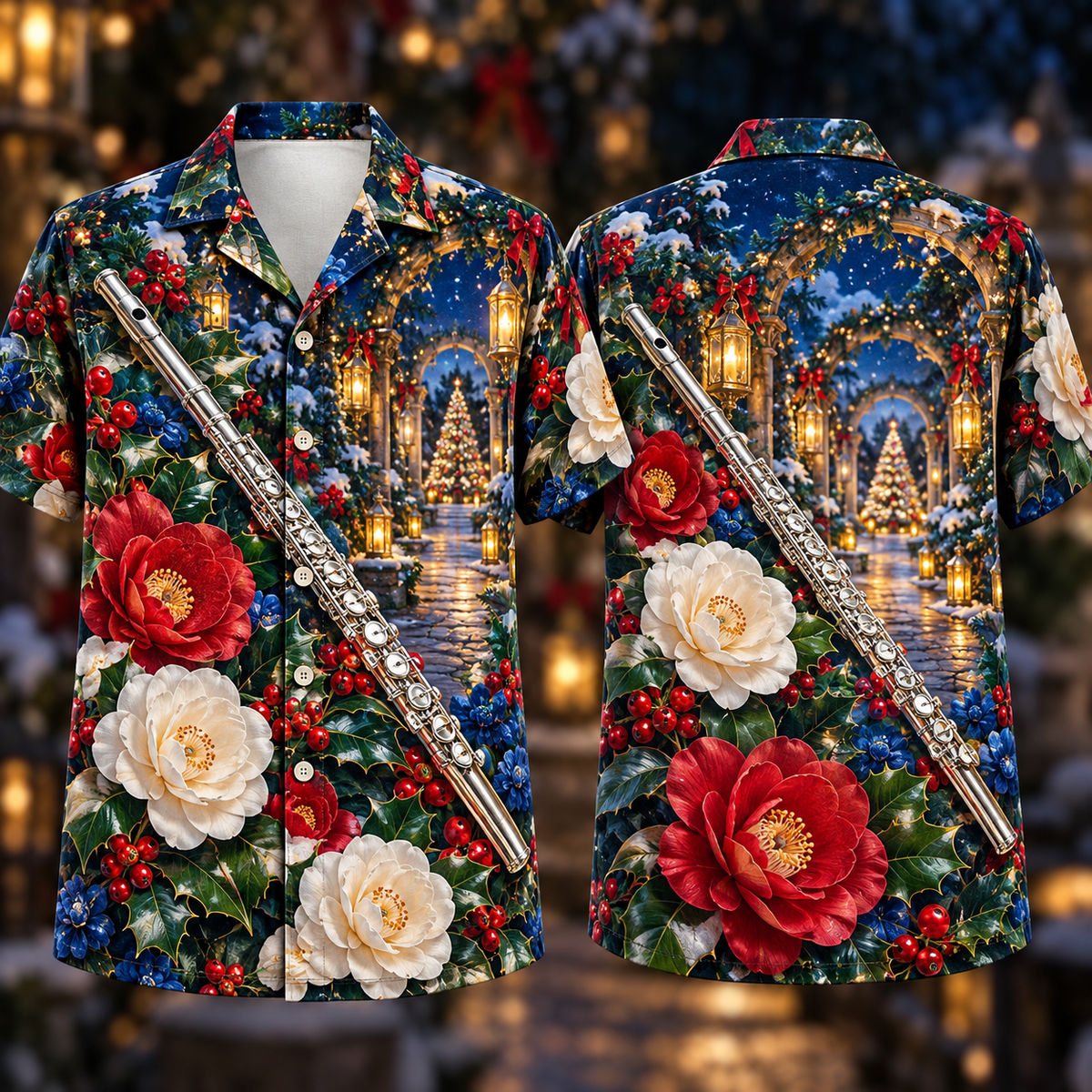 Digital mockup: front and back of one AlohaVero Christmas Silver Flute Ruby Camellia Sapphire Lantern Garden No Pocket Hawaiian shirt