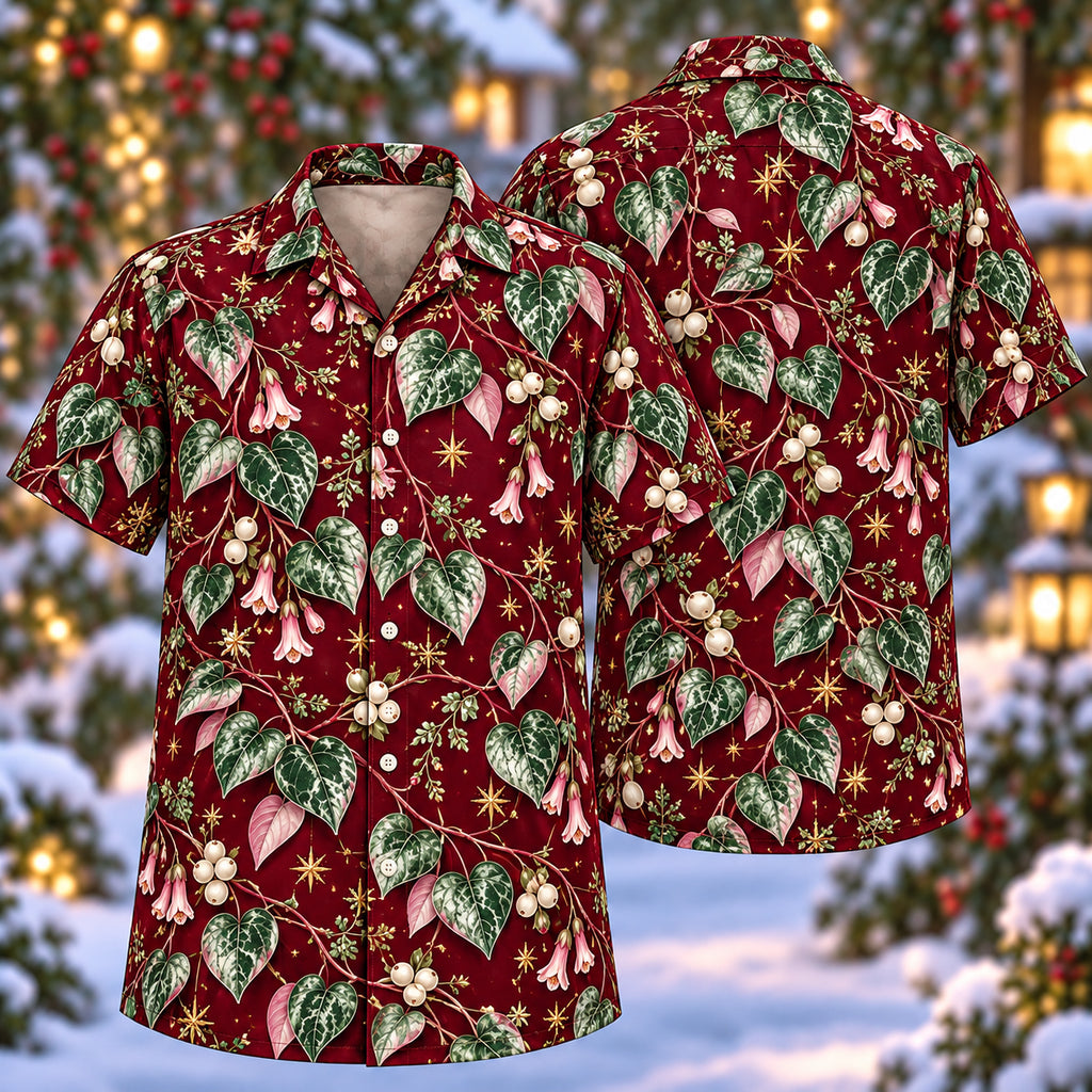 Digital mockup: front and back of one AlohaVero Christmas Silver Heart Vine Wine Aloha No Pocket Hawaiian shirt