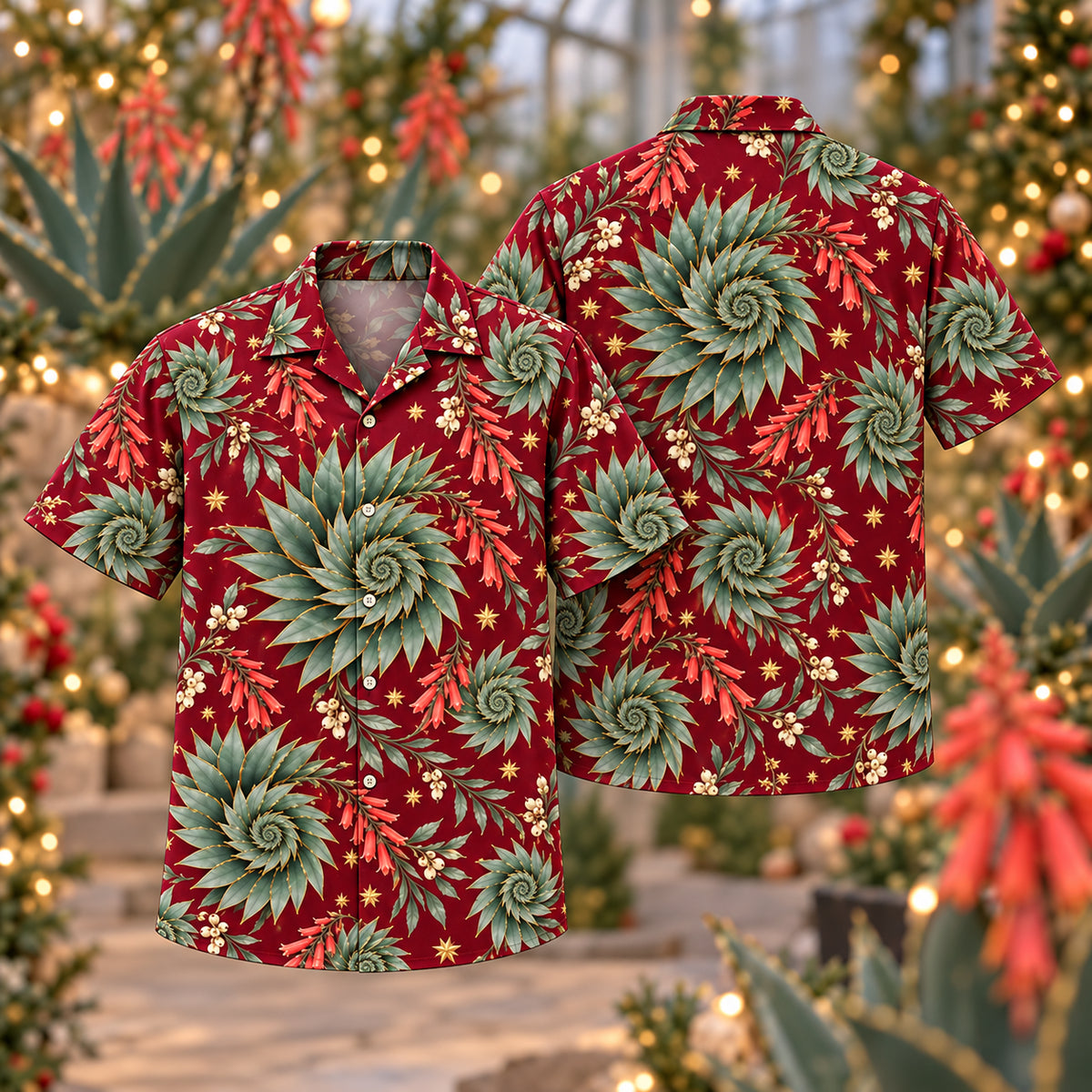 Digital mockup: front and back of one AlohaVero Christmas Silver Jade Spiral Aloe Wine Aloha No Pocket Hawaiian shirt