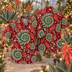 Digital mockup: front and back of one AlohaVero Christmas Silver Jade Spiral Aloe Wine Aloha No Pocket Hawaiian shirt