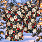 Digital mockup: front and back of one AlohaVero Christmas Silver Lunaria Indigo Aloha No Pocket Hawaiian shirt