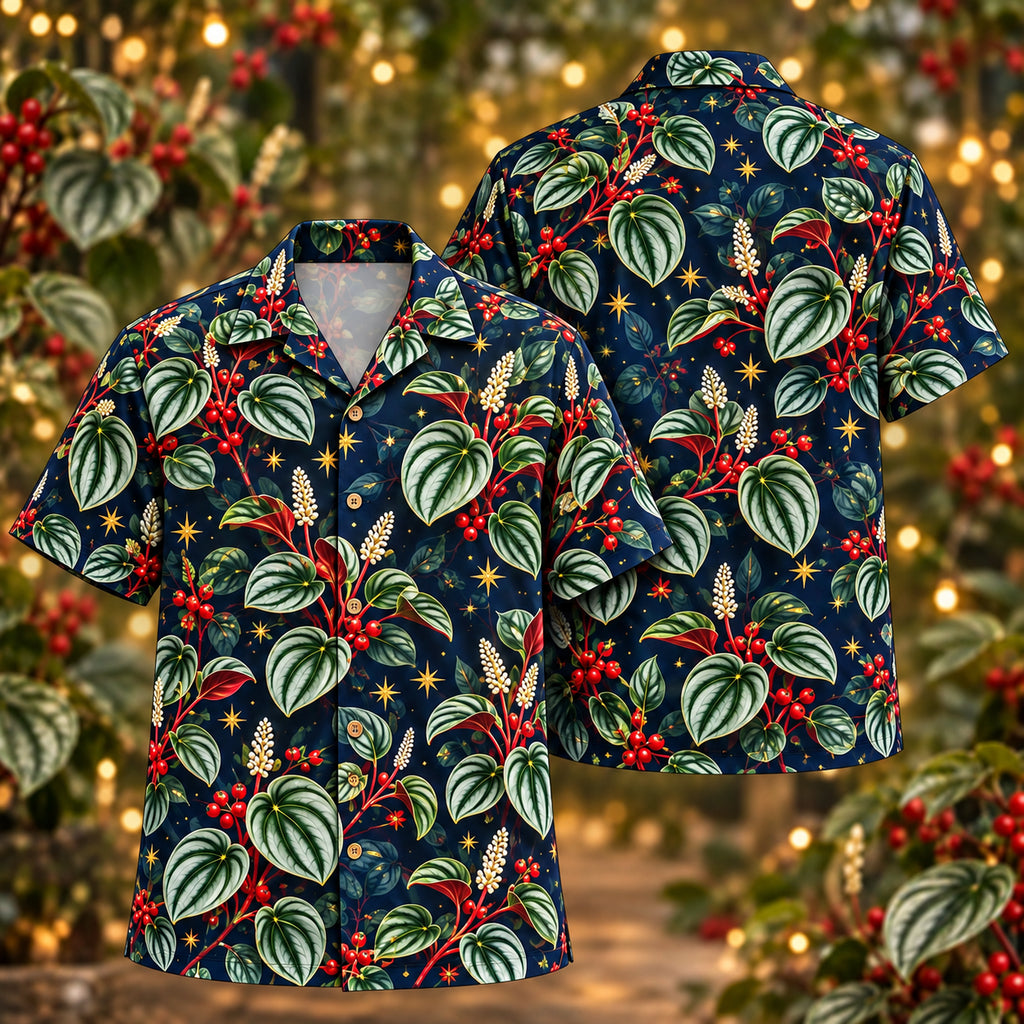 Digital mockup: front and back of one AlohaVero Christmas Silver Peperomia Indigo Aloha No Pocket Hawaiian shirt