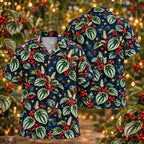 Digital mockup: front and back of one AlohaVero Christmas Silver Peperomia Indigo Aloha No Pocket Hawaiian shirt