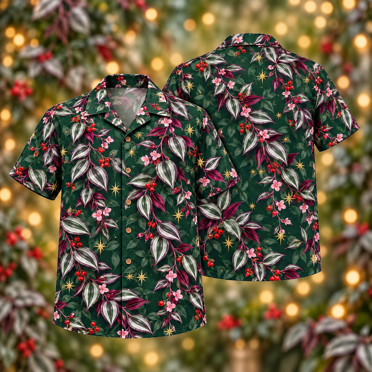Digital mockup: front and back of one AlohaVero Christmas Silver Plum Zebrina Pine Aloha No Pocket Hawaiian shirt