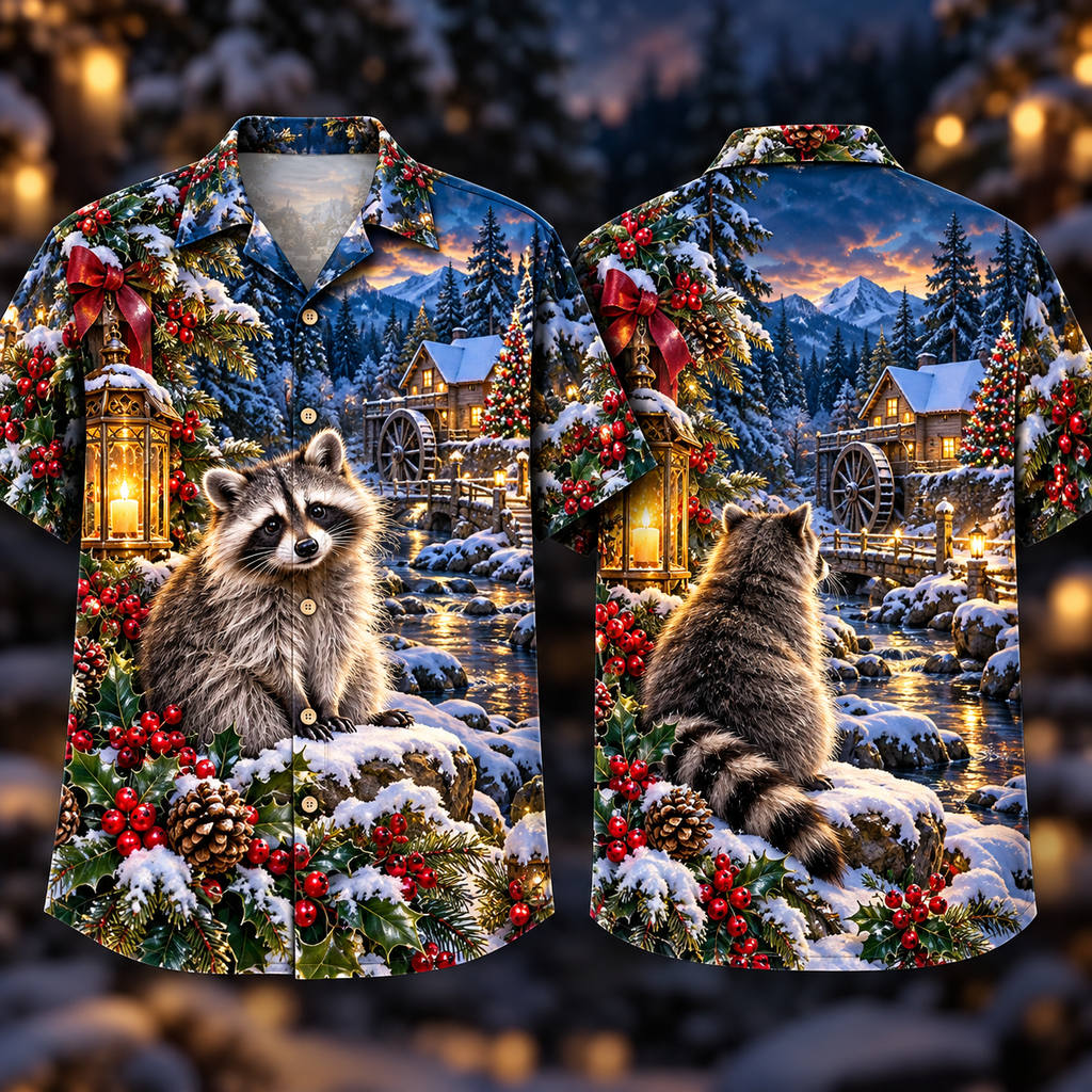 Digital mockup: front and back of one AlohaVero Christmas Silver Raccoon Ruby Berry Emerald Lantern Mill No Pocket Hawaiian shirt
