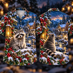 Digital mockup: front and back of one AlohaVero Christmas Silver Raccoon Ruby Berry Emerald Lantern Mill No Pocket Hawaiian shirt