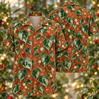 Digital mockup: front and back of one AlohaVero Christmas Silver Satin Pothos Copper Aloha No Pocket Hawaiian shirt
