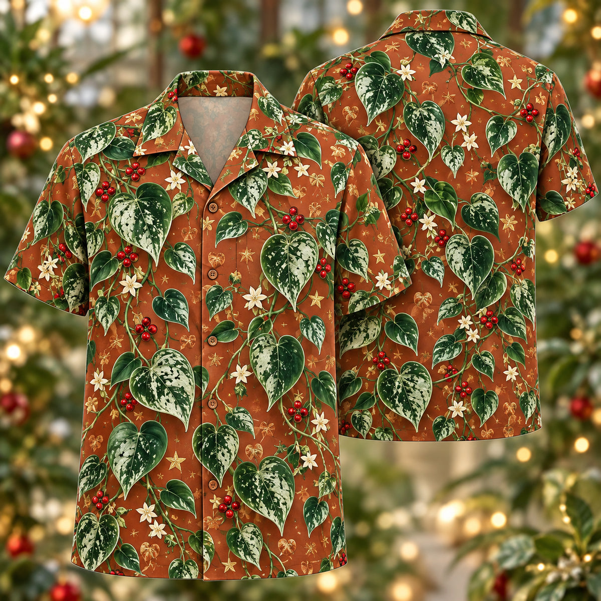 Digital mockup: front and back of one AlohaVero Christmas Silver Satin Pothos Copper Aloha No Pocket Hawaiian shirt