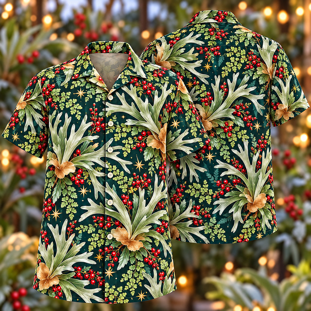 Digital mockup: front and back of one AlohaVero Christmas Silver Staghorn Fern Teal Aloha No Pocket Hawaiian shirt