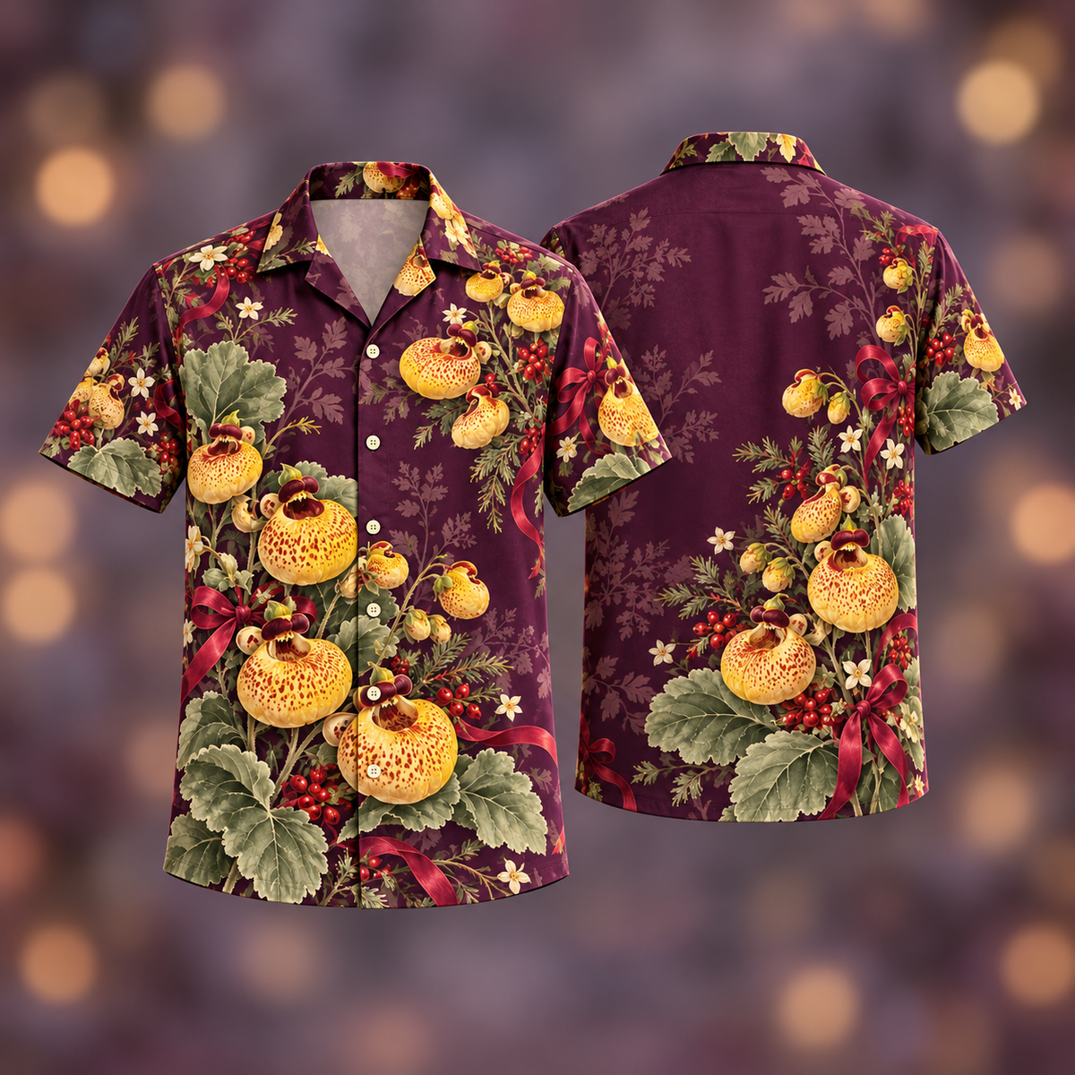 Digital mockup: front and back of one AlohaVero Christmas Slipper Flower Gold Plum No Pocket Hawaiian shirt