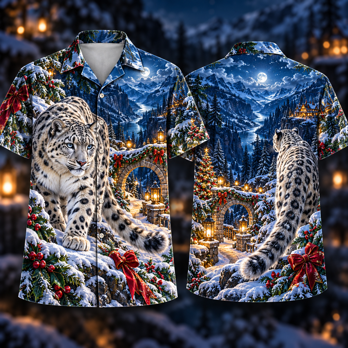 Digital mockup: front and back of one AlohaVero Christmas Snow Leopard Moonlit Sapphire Ravine No Pocket Hawaiian shirt