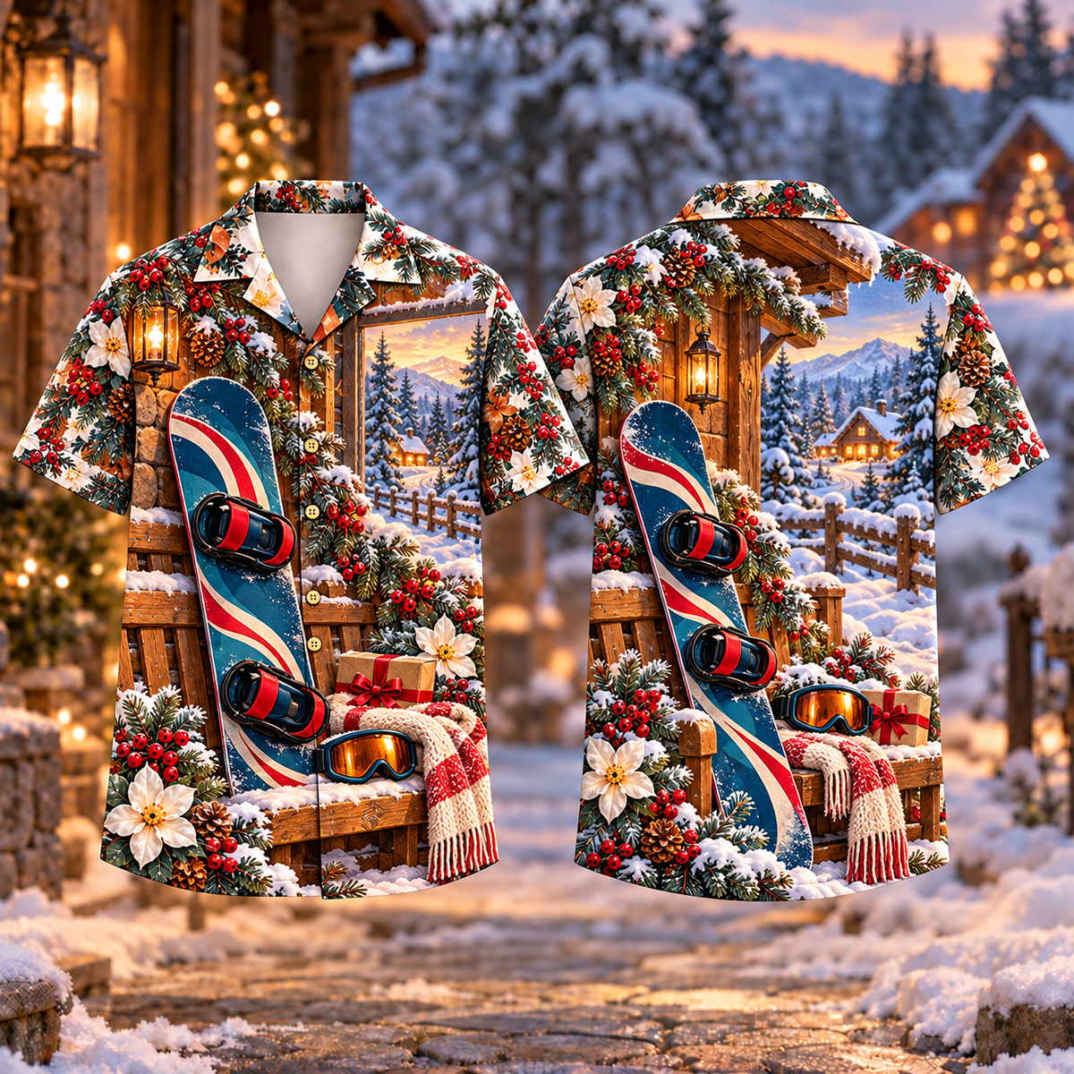 Digital mockup: front and back of one AlohaVero Christmas Snowboard Lodge Welcome Print No Pocket Hawaiian shirt