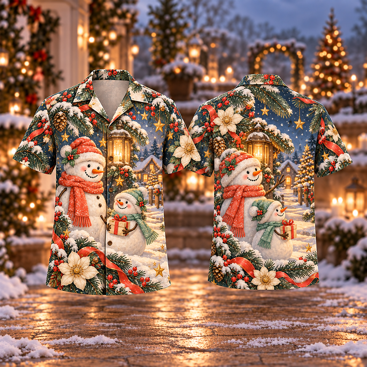 Digital mockup: front and back of one AlohaVero Christmas Snowman Welcome Coral Mint Ivory No Pocket Hawaiian shirt