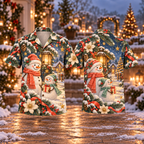 Digital mockup: front and back of one AlohaVero Christmas Snowman Welcome Coral Mint Ivory No Pocket Hawaiian shirt