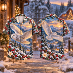 Digital mockup: front and back of one AlohaVero Christmas Snowy Owl Homeward Flight Print No Pocket Hawaiian shirt
