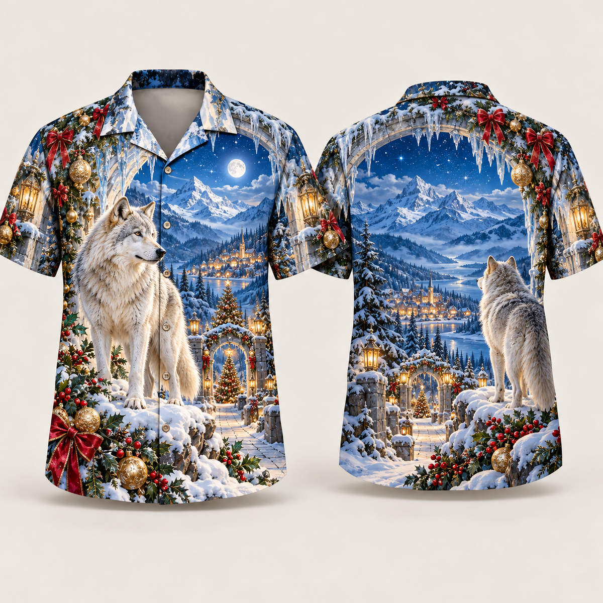 Digital mockup: front and back of one AlohaVero Christmas Snowy Wolf Crystal Mountain Gateway No Pocket Hawaiian shirt