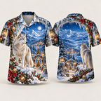 Digital mockup: front and back of one AlohaVero Christmas Snowy Wolf Crystal Mountain Gateway No Pocket Hawaiian shirt