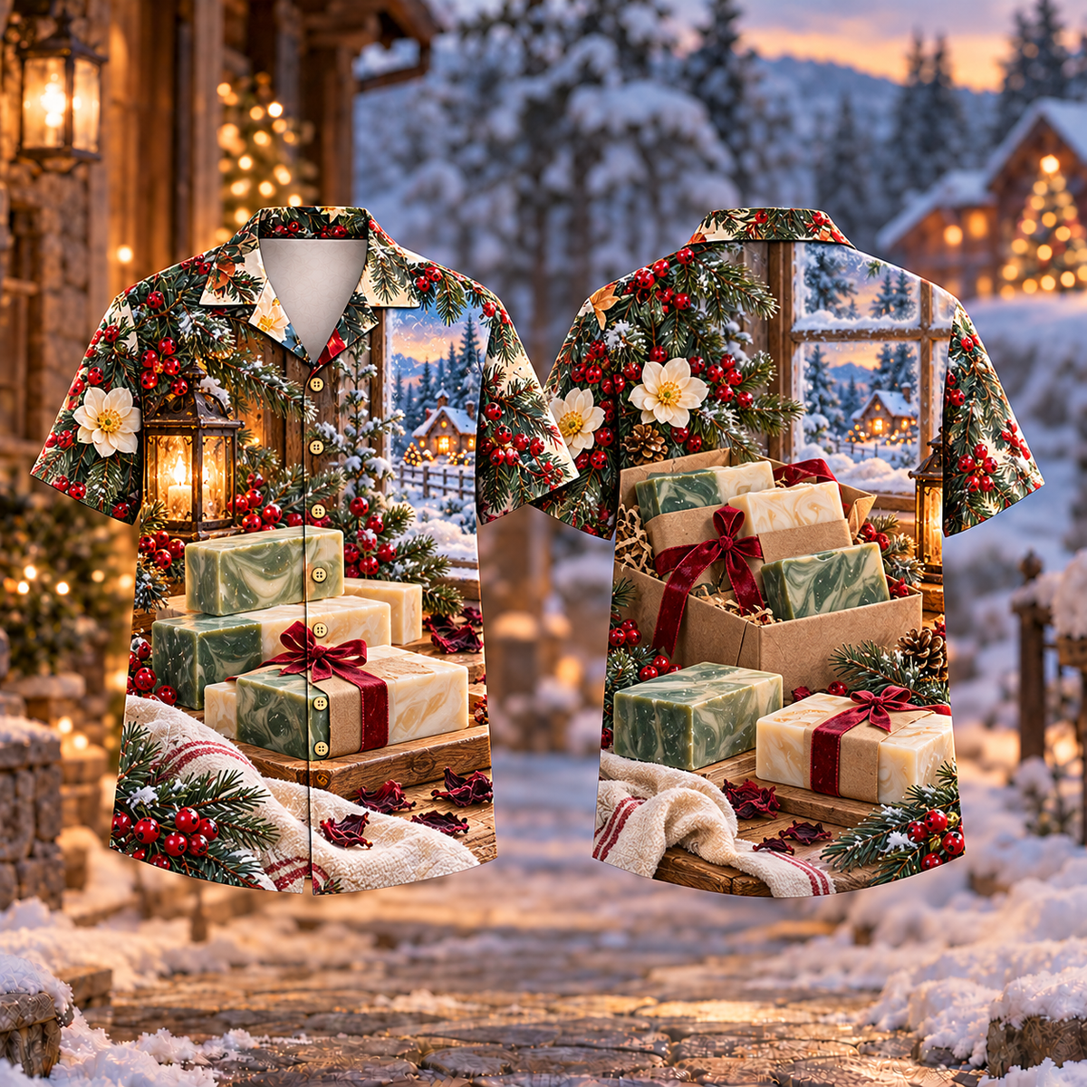 Digital mockup: front and back of one AlohaVero Christmas Soapmaker Evergreen Gift Print No Pocket Hawaiian shirt