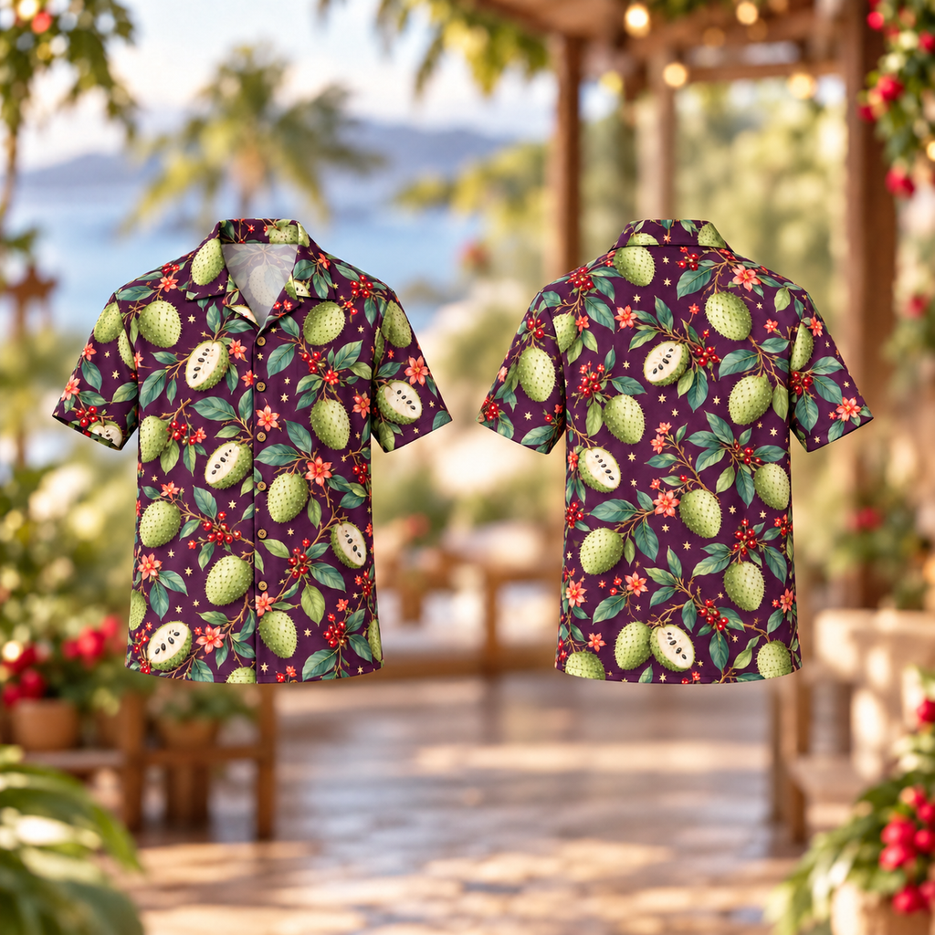 Digital mockup: front and back of one AlohaVero Christmas Soursop Aubergine Aloha No Pocket Hawaiian shirt