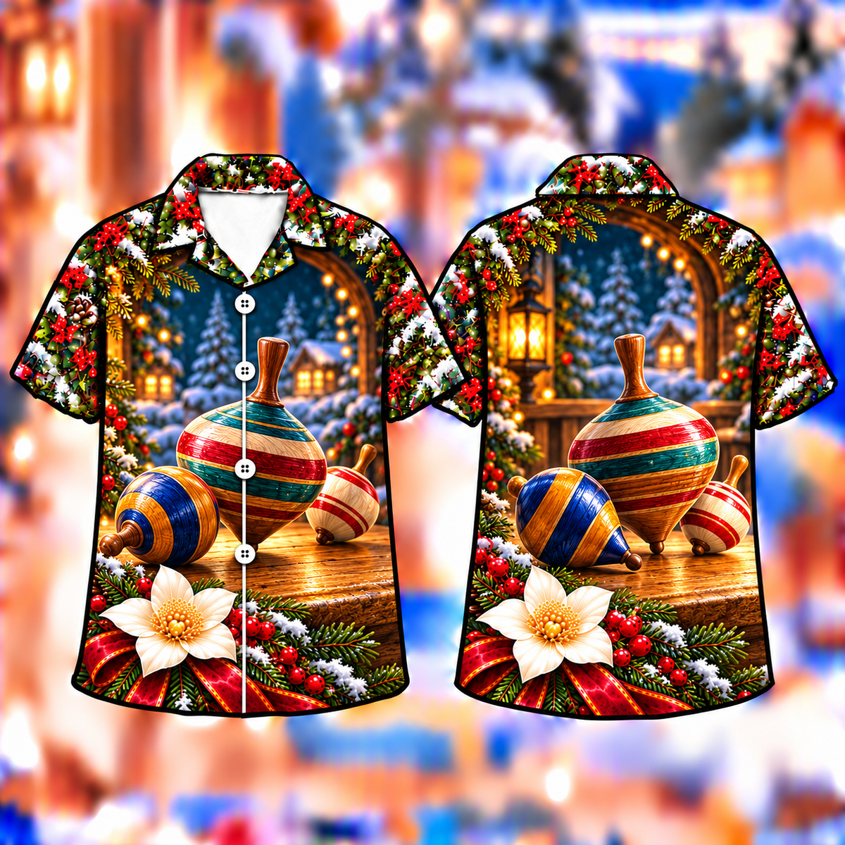 Digital mockup: front and back of one AlohaVero Christmas Spinning Top Color Wonder Print No Pocket Hawaiian shirt