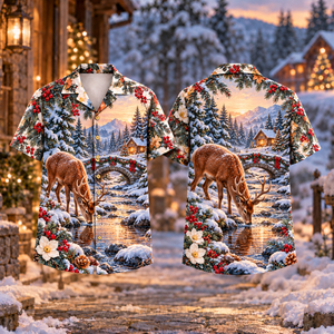 Christmas Stag Dawn Stream Copper Glacial Hawaiian Shirt