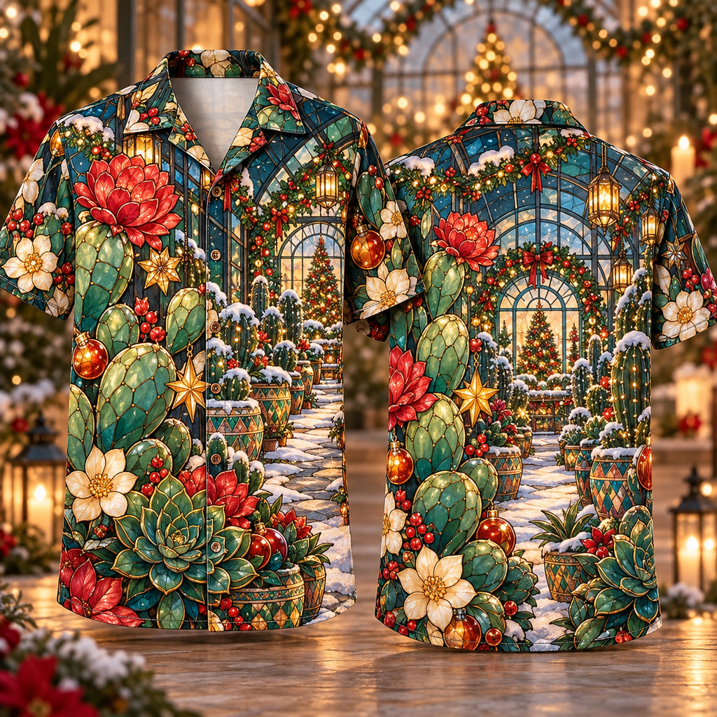 Digital mockup: front and back of one AlohaVero Christmas Stained Glass Cactus Conservatory Jade Amber Rose No Pocket Hawaiian shirt