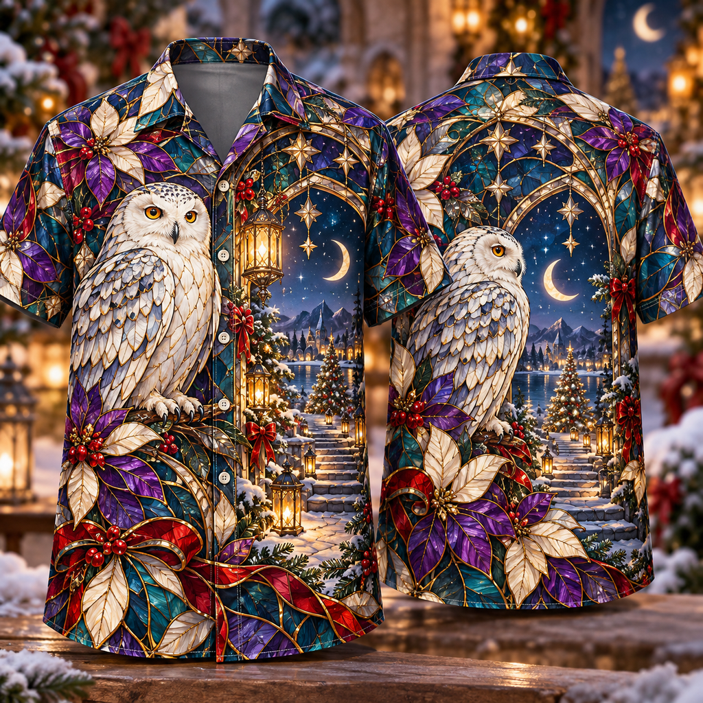Digital mockup: front and back of one AlohaVero Christmas Stained Glass Illusion Owl Celestial Garden Amethyst Ivory Gold No Pocket Hawaiian shirt