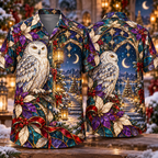 Digital mockup: front and back of one AlohaVero Christmas Stained Glass Illusion Owl Celestial Garden Amethyst Ivory Gold No Pocket Hawaiian shirt