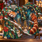 Digital mockup: front and back of one AlohaVero Christmas Stained Glass Illusion Red Panda Lantern Forest Emerald Copper Ivory No Pocket Hawaiian shirt