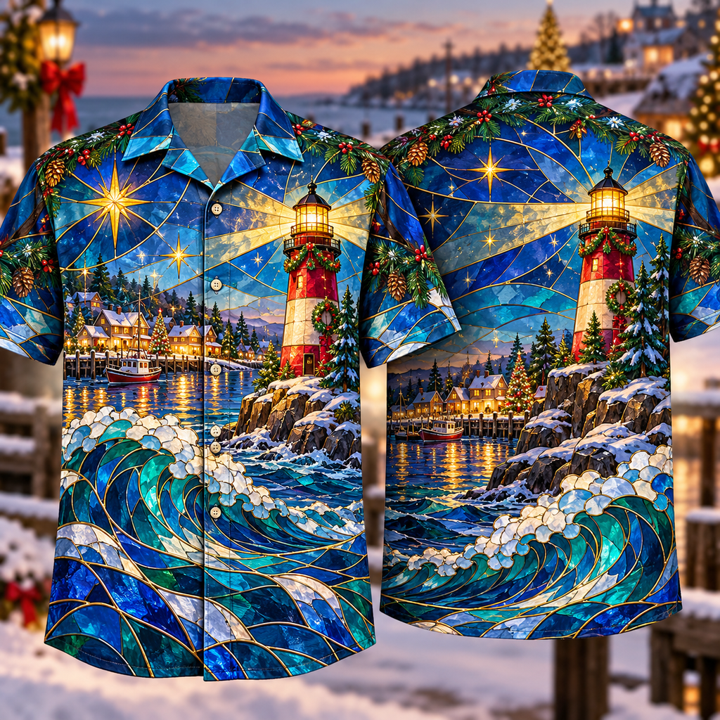 Digital mockup: front and back of one AlohaVero Christmas Stained Glass Lighthouse Winter Harbor Sapphire Ruby Golden Stars No Pocket Hawaiian shirt