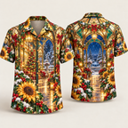 Digital mockup: front and back of one AlohaVero Christmas Stained Glass Sunflower Winter Solarium No Pocket Hawaiian shirt