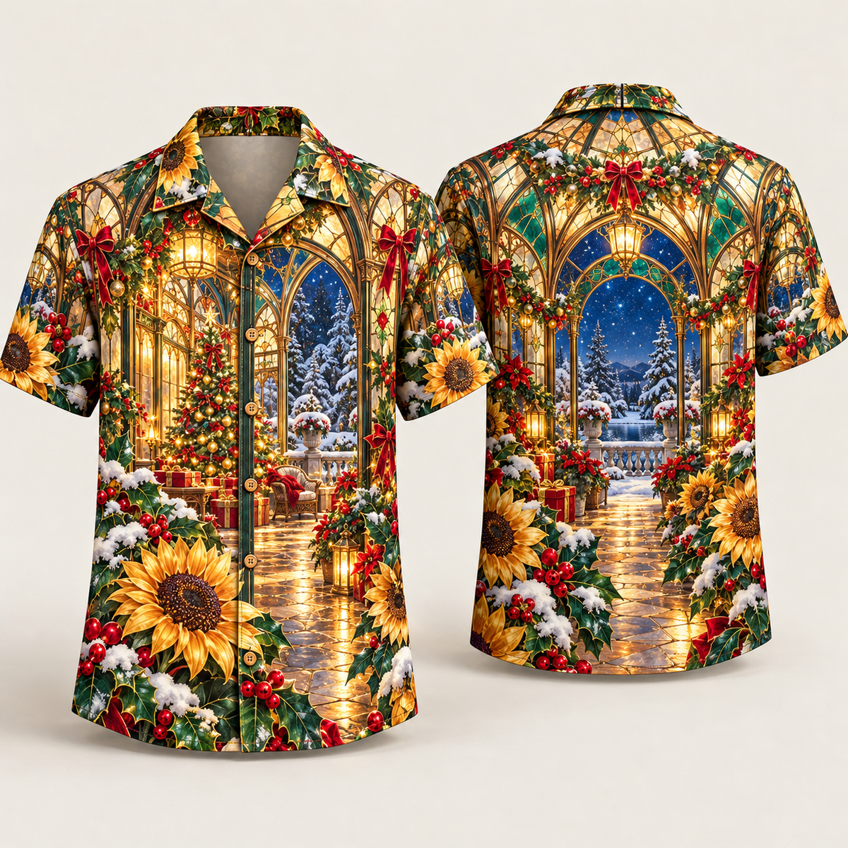 Digital mockup: front and back of one AlohaVero Christmas Stained Glass Sunflower Winter Solarium No Pocket Hawaiian shirt