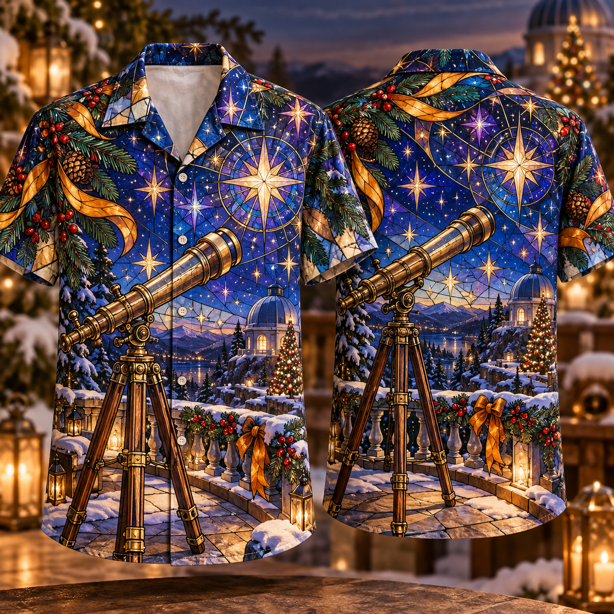 Digital mockup: front and back of one AlohaVero Christmas Stained Glass Telescope Star Garden Sapphire Amber Violet No Pocket Hawaiian shirt