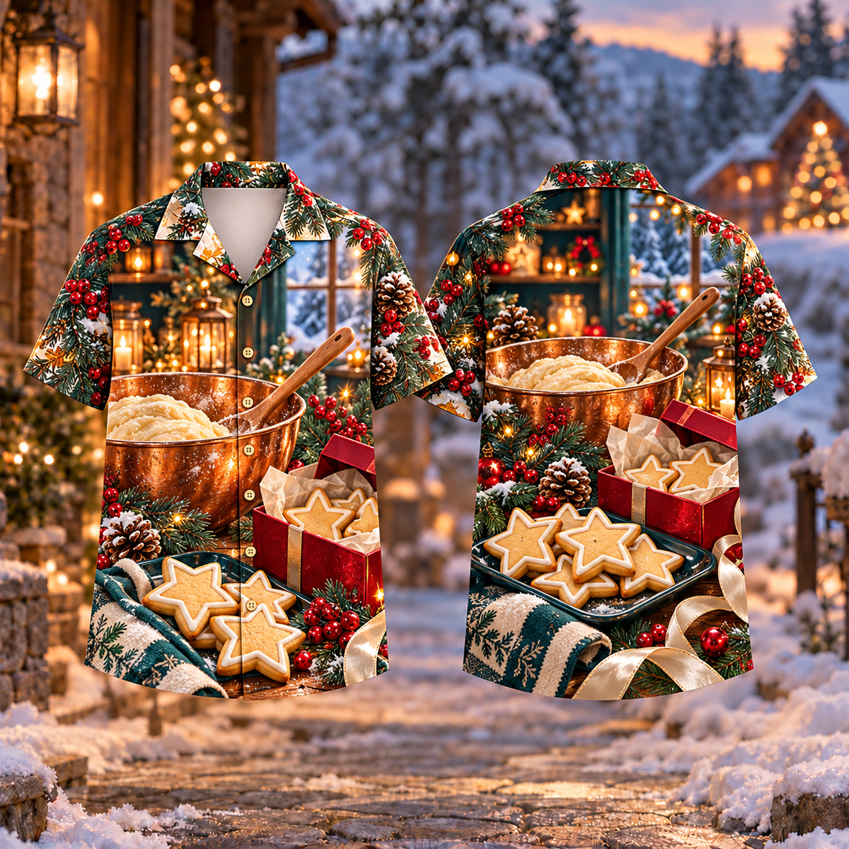 Digital mockup: front and back of one AlohaVero Christmas Star Cookie Baking Table Print No Pocket Hawaiian shirt