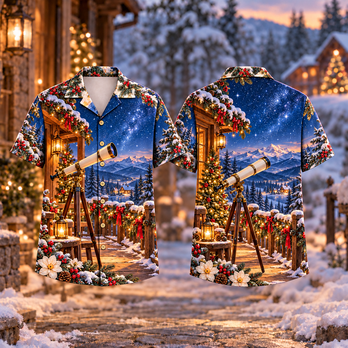 Digital mockup: front and back of one AlohaVero Christmas Stargazing Telescope Print Sapphire Brass No Pocket Hawaiian shirt