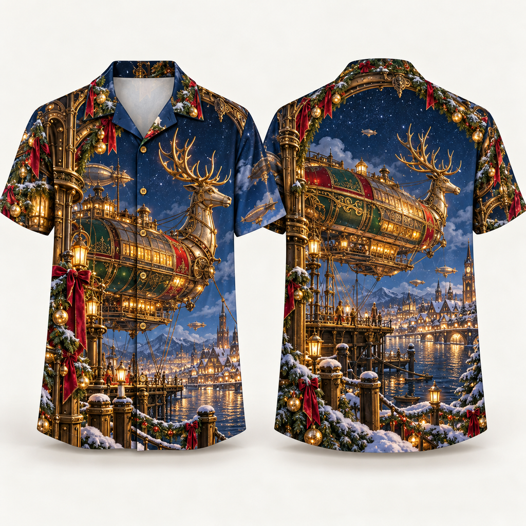 Digital mockup: front and back of one AlohaVero Christmas Steampunk Reindeer Airship Harbor No Pocket Hawaiian shirt