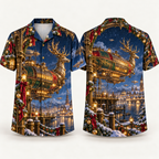 Digital mockup: front and back of one AlohaVero Christmas Steampunk Reindeer Airship Harbor No Pocket Hawaiian shirt
