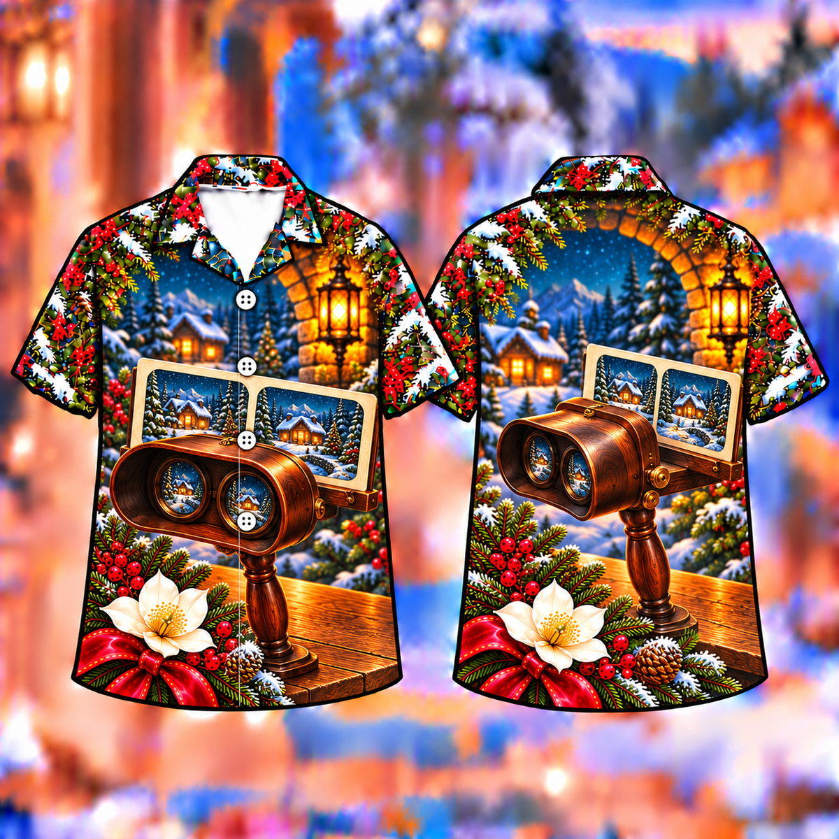 Digital mockup: front and back of one AlohaVero Christmas Stereoscope Winter Memories Print No Pocket Hawaiian shirt