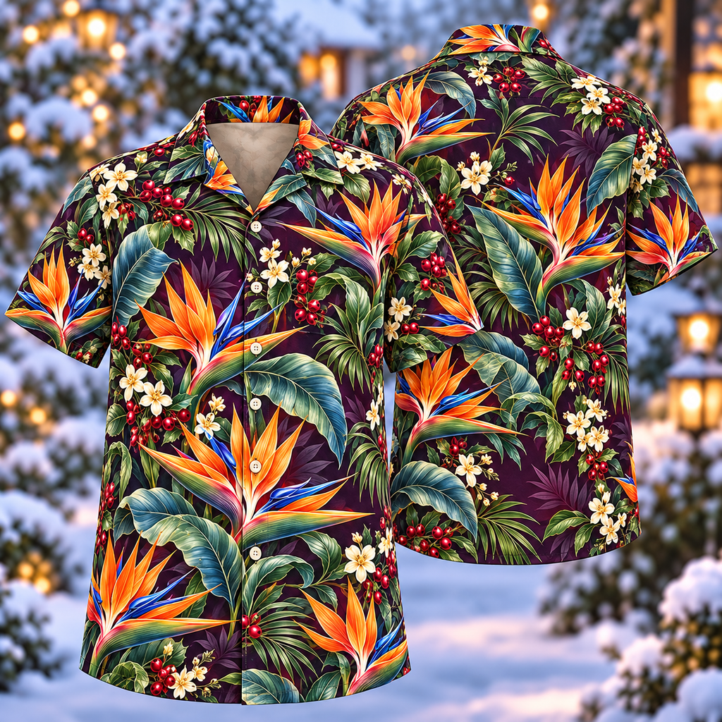 Digital mockup: front and back of one AlohaVero Christmas Strelitzia Midnight Plum Aloha No Pocket Hawaiian shirt